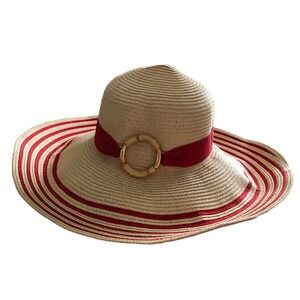 Ralph Lauren Straw Red Grosgrain Ribbon Striped Wide Brim Sun Hat Sz M